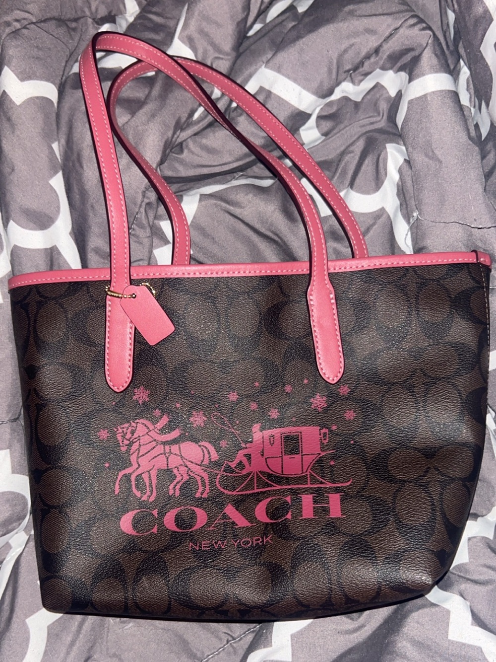 Coach Brown Signature Tote with Pink Trim and Carriage Logo Winter Bag Mini Rare